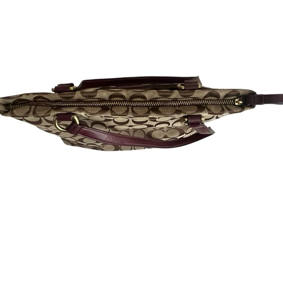 Coach Signature Stripe Khaki Brown Canvas Tote Bag Burgundy Leather Trim F28504 - Picture 3 of 11